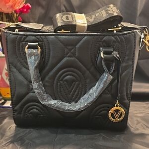 Valentino Orlandi Black Quilted Crossbody with Gold Accents